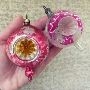 Vintage Glass Christmas Ornaments Pair Unsilvered Double Indent Drop Ball S/2